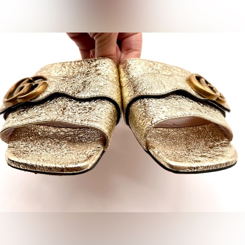 Gucci Marmont Double G Slide Sandals Gold Metallic Leather GG Flat EU 36 US 6 - Picture 4 of 12